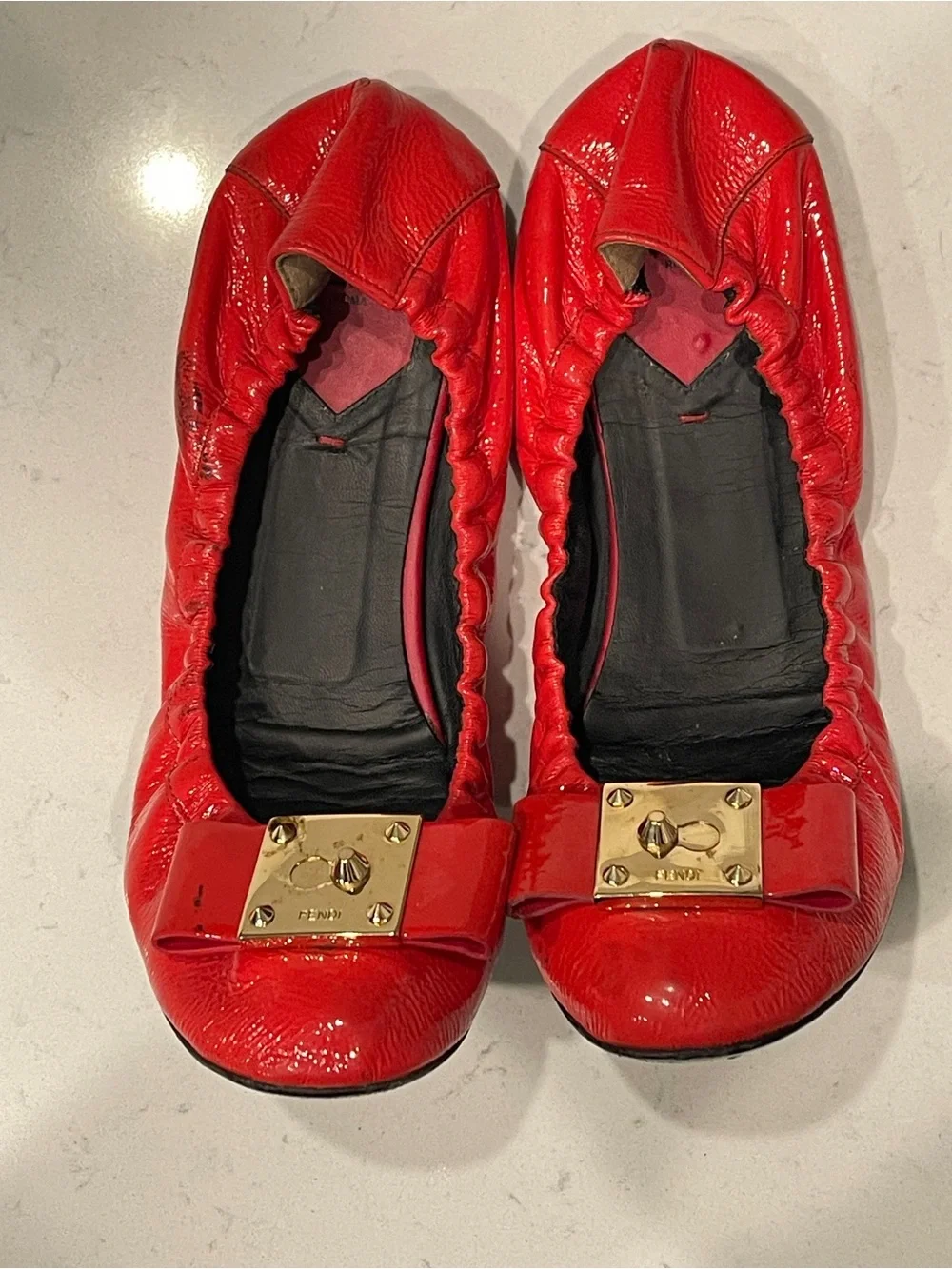 FENDI Red Leather Elastic Ballet Flats with Gold Accent 38